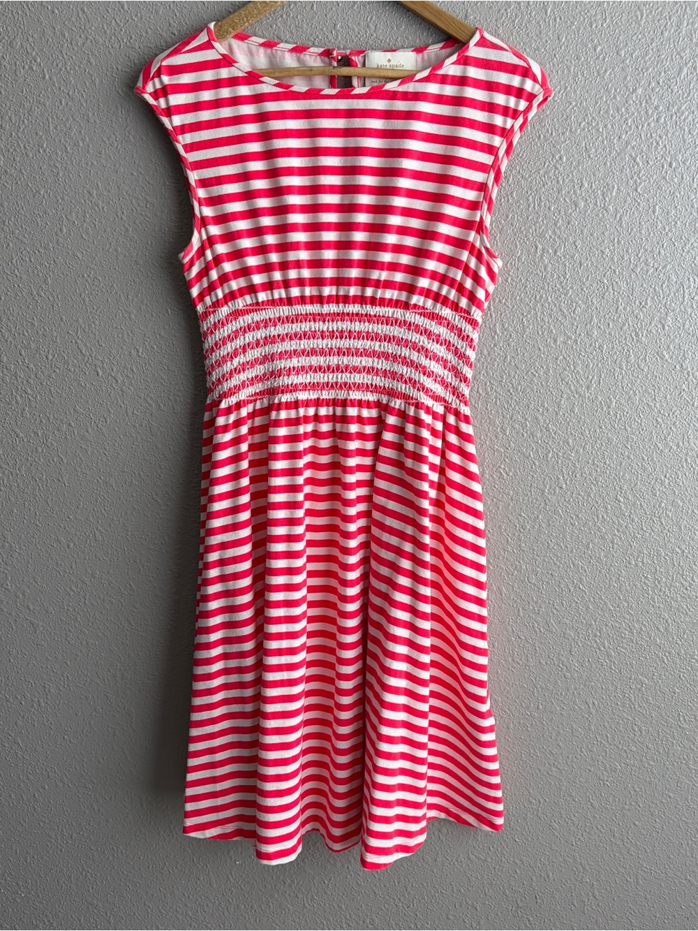 Kate Spade Pink White Striped New York Leora Cotton Smocked Fit And Flare Dress